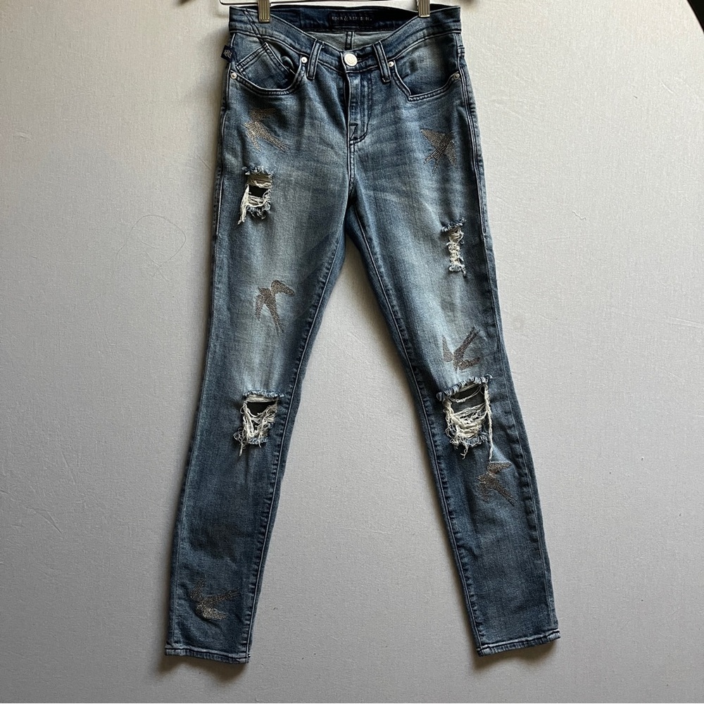 Rock & Republic Berlin Embroidered Silver Birds Distressed Blue Jeans Sz 6